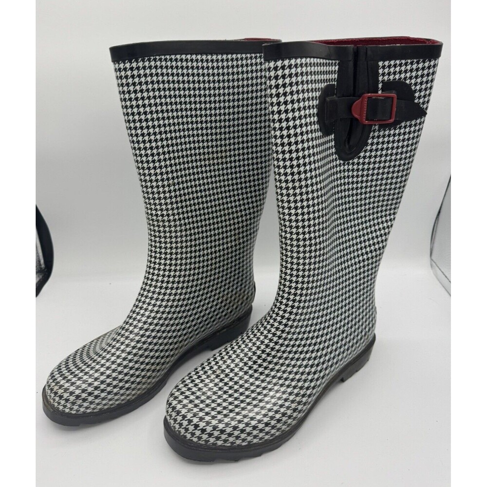 Austin Trading Co Rain Boots Women Size 7 Black White Houndstooth Rubber Buckle